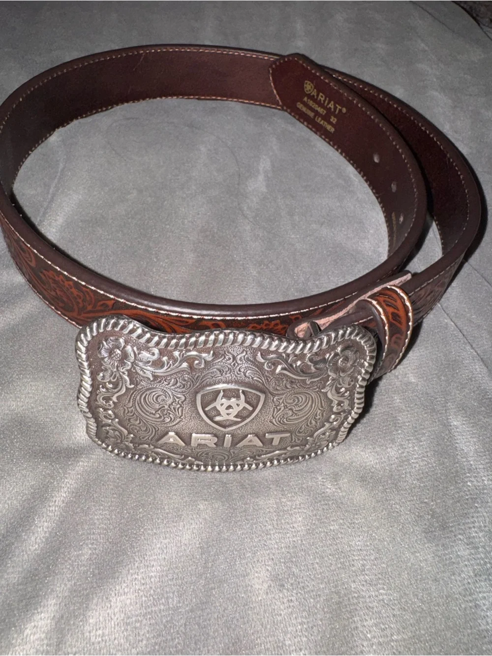 Ariat Brown Tooled Leather Belt with Ornate Silver Buckle